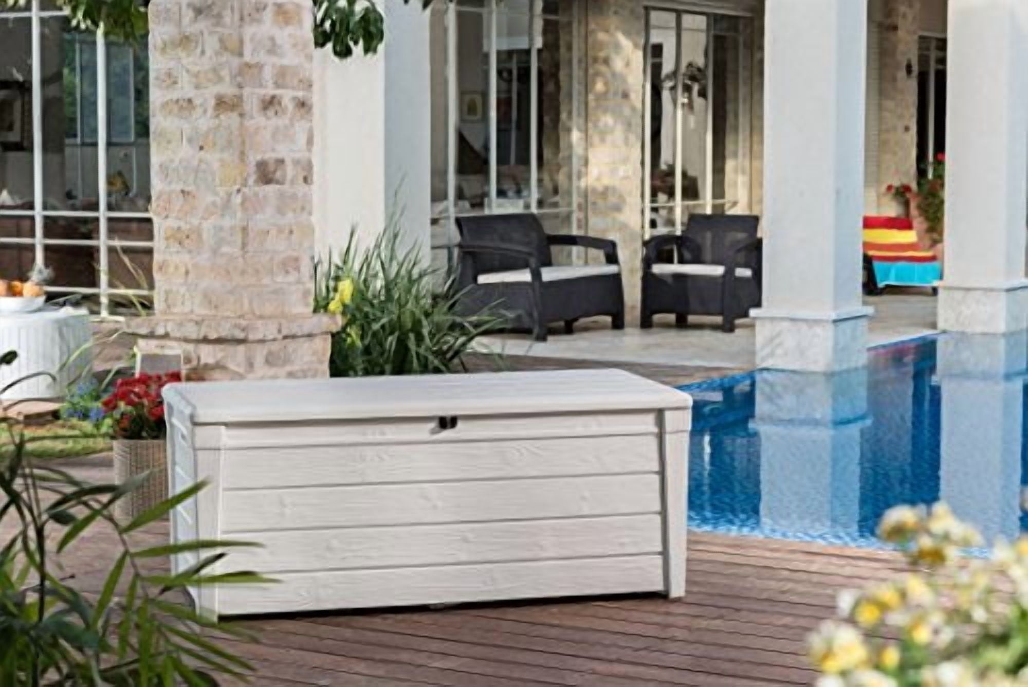 Keter Brightwood Outdoor Patio 120 Gallon Resin and Wood Deck Box with Pool Kit, Oasis White