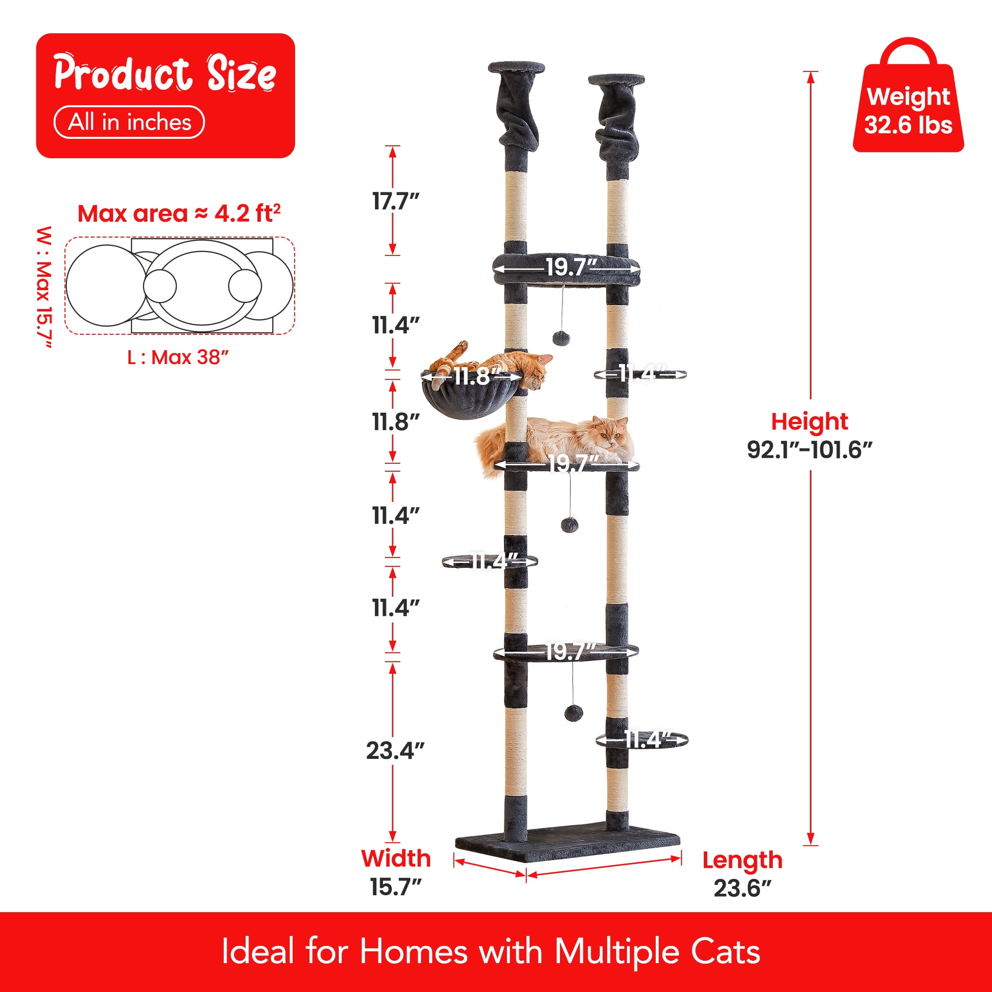 Furcato 92.1"-101.6" Adjustable Height Cat Tree, Floor to Ceiling Cat Tower, 7 Tiers Cat Climbing Tree with Hammock, Smoky Grey