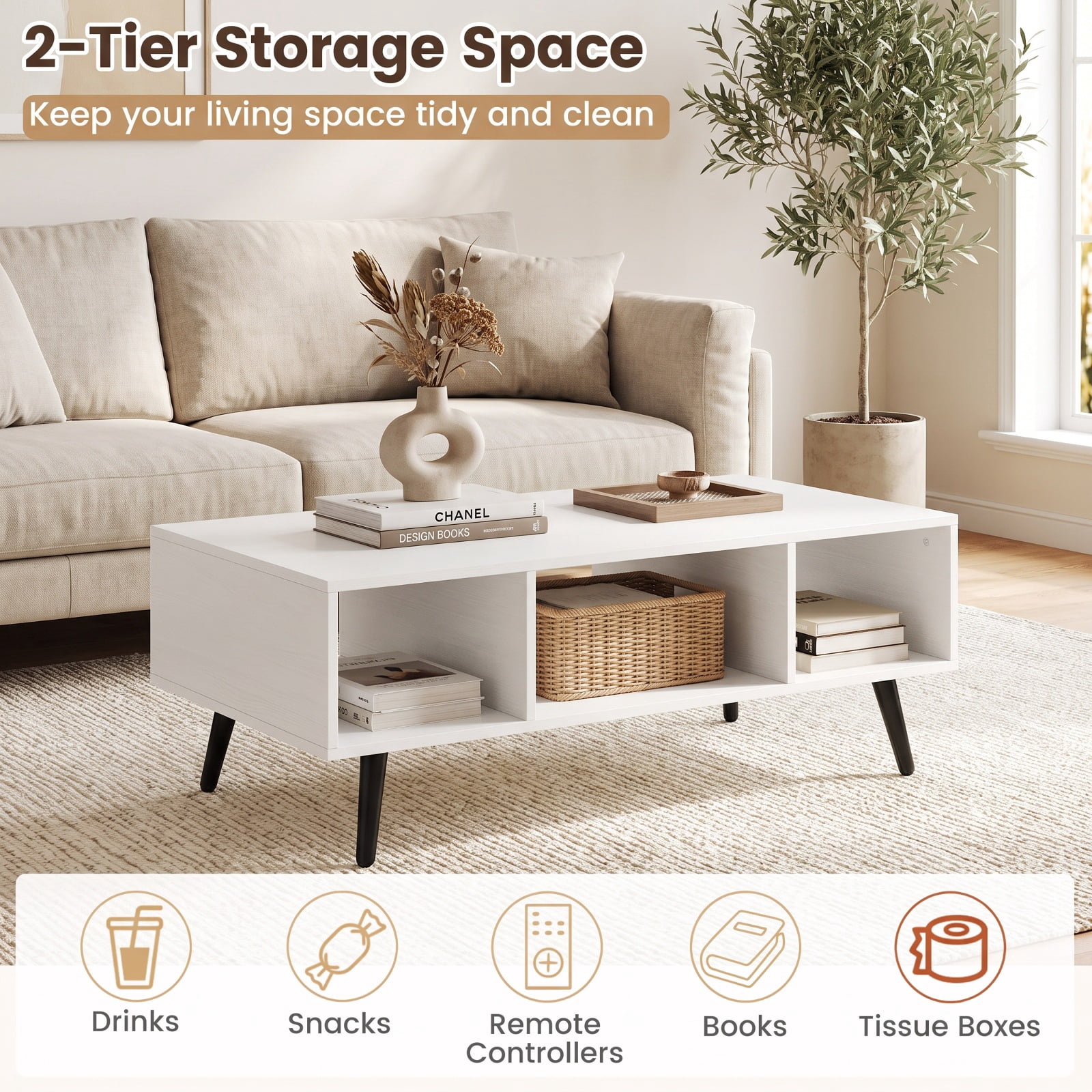 Furnibear Mid Century Modern 2-Tier Small Coffee Table with Two Open Compartments and Tapered Metal Legs for Apartment Living Room, White
