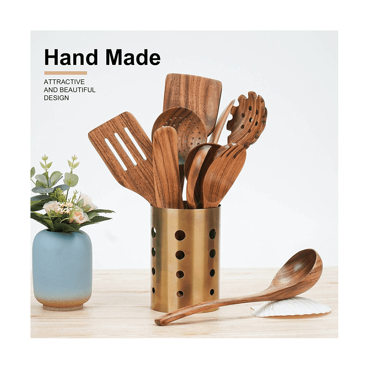 Ustensiles Cuisine En Bois De Teck - Set 10 Pièces Avec Support Rangement écologique