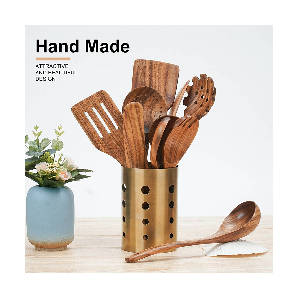 10 Ustensiles De Cuisine En Bois De Teck – Spatules, Cuillères – Avec Rangement Et Crochets – Pour Poêles Antiadhésives – Naturel Et Durable