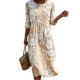 thumbnail image 2 of HBYJLZYG Women's 3/4 Sleeve Round Neck Midi Dress with Floral Applique and Gathered Waist, Summer Vacation Beach Casual Long Dress for Travel and Daily Wear, 2 of 6