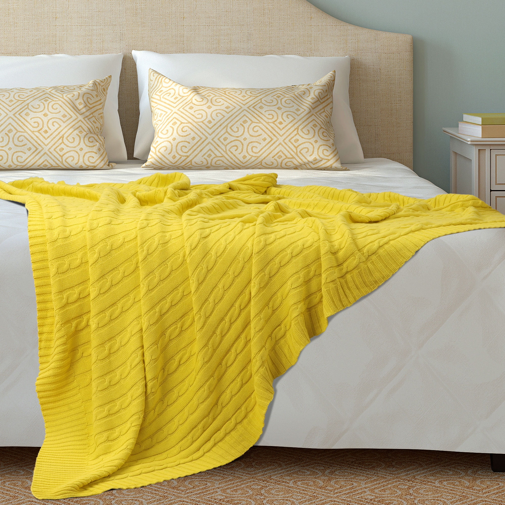 Cotton Blanket Cable Throw Knit Blankets Yellow 70" x 78"