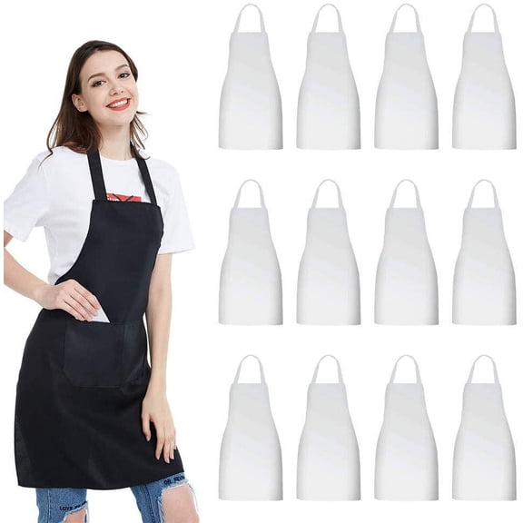 12 Pack Bib Apron - Unisex Black Apron Bulk with 2 Roomy Pockets Machine Washable for Kitchen Crafting BBQ Drawing