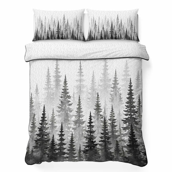 Quilts Queen Size Bedding Set, Grey Forest Lightweight Quilted Comforter, Gray Ombre Trees Watercolor Pine-Trees Soft Reversible Bedspread Coverlet with Pillow Covers for All Season, 90" x 96"