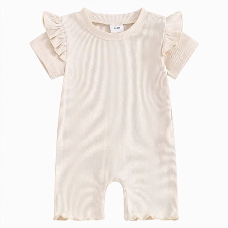 Sopiago Baby Girl Clothes 1M 3M 6M 18M Newborn Girl Coming Home Outfit Ruffle Short Sleeve Solid Onesie Romper Infant Girl Clothes Beige 12-18 Months
