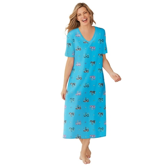 Dreams & Co. Plus Size V-Neck Short Sleeve Midi Cotton Sleep Shirt
