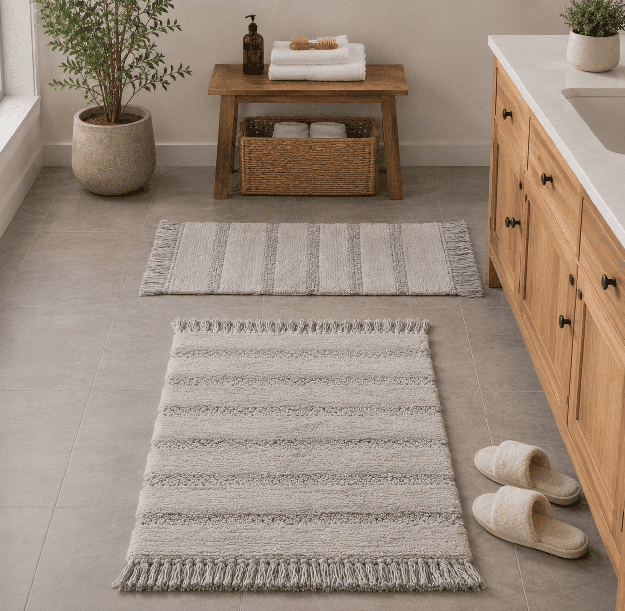 Safavieh Finn Modern Striped Steel Gray Cotton Bath Rug, 1'-8" x 2'-8" (Set of 2)