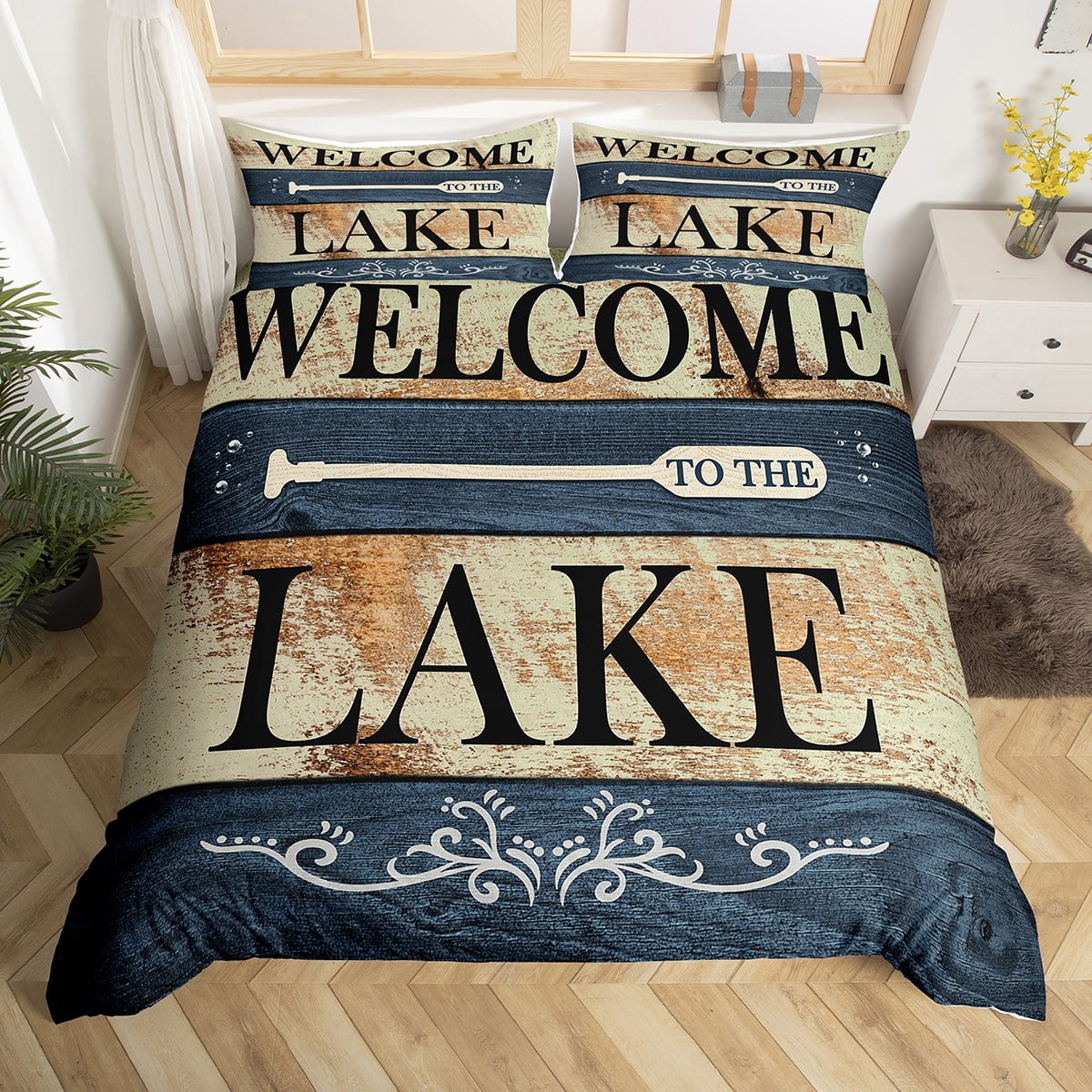 YST Lake House Twin Size Bedding Set, Retro Paddle Wooden Duvet Cover