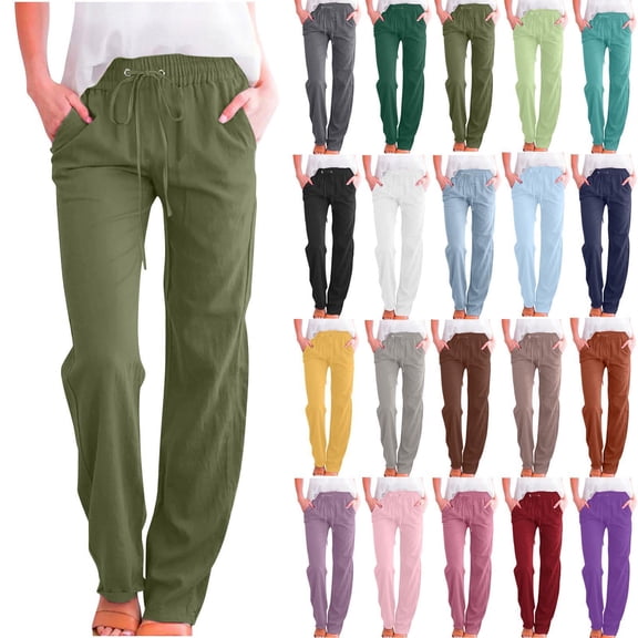 Women Jeans Solid Color Drawstring Cotton Linen Casual Loose Wide Leg Straight Trousers Army Green Denim Pants 2XL