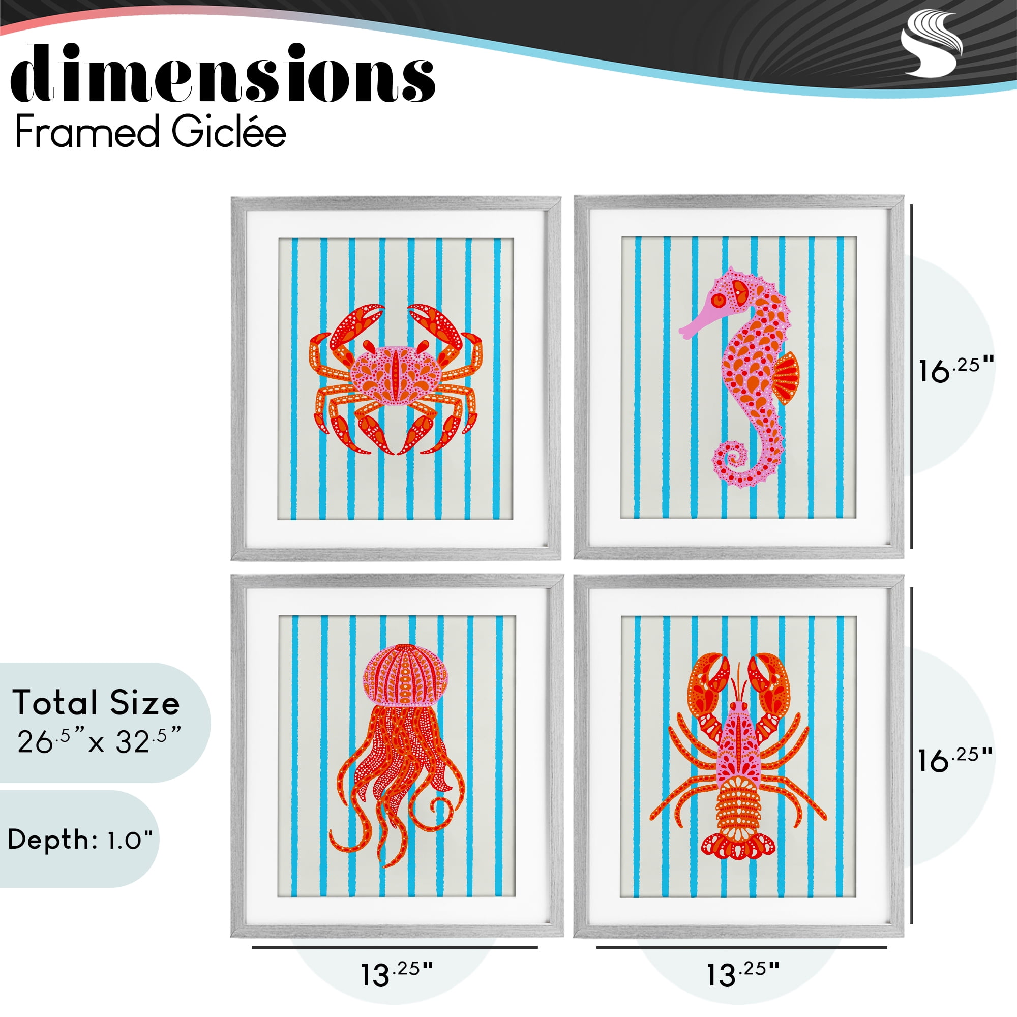 Stupell Industries Bright Sea Creatures on Stripes 4 Piece Gray Framed Print Under Glass Set, design by Indira Prieto | IndySign
