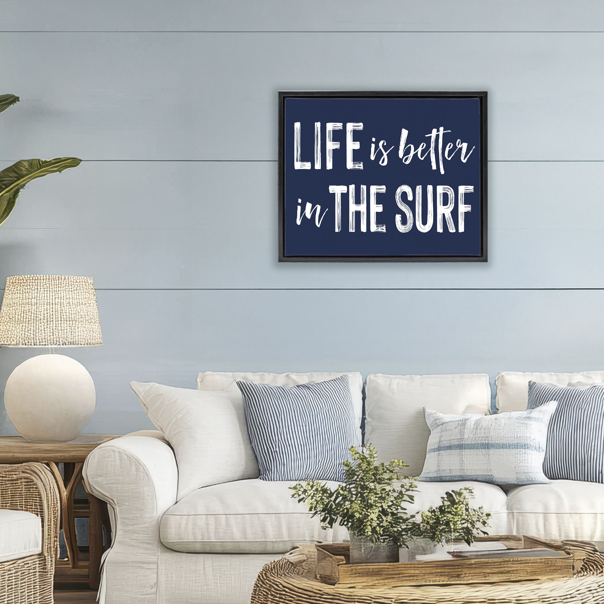 Life Better In Surf Black Framed Floater Canvas Wall Art, design by Lettered and Lined