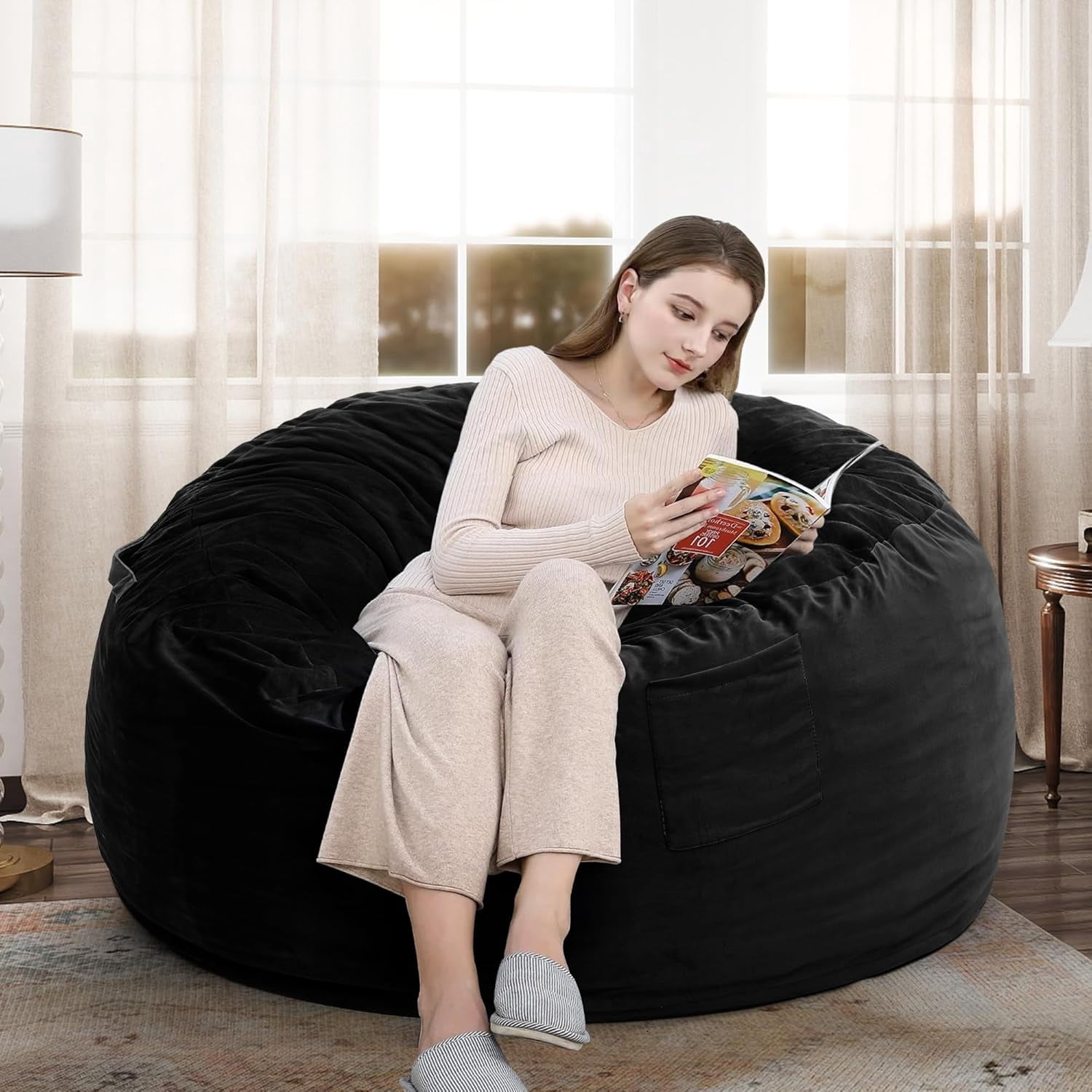 4 FT Bean Bag Chair for Adults, Teens, or Kids, Adult Size Beanbag Chair, Luxurious Memory Foam Filling, Washable Velvet Cover, Perfect for Living Room, Den, Bedroom, or Dorm, Black