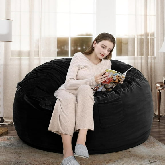 Kromax Large 4’ Bean Bag Chair for Kids, Teens, Adults, Memory Foam, Easy to Clean Washable Soft Suede Cover, Reinforced Zipper, Perfect for Living Room, Den, Bedroom, or Dorm, Black