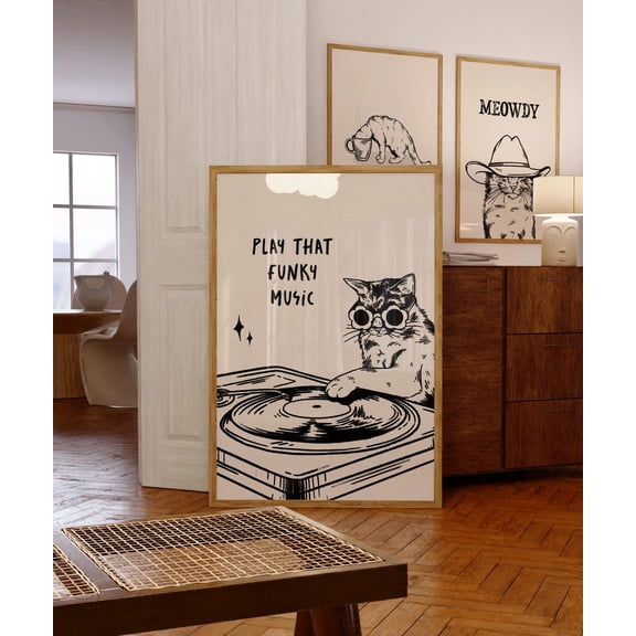 Play That Funky Music Cat Wall Art Retro Decor, Unframed Paper Print Size 8x12