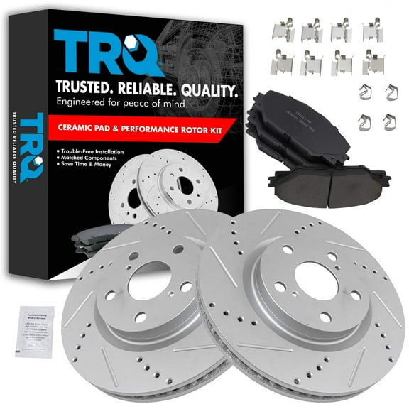 TRQ Front Posi Ceramic Pad & Performance Drilled Slotted Coated Rotor Kit