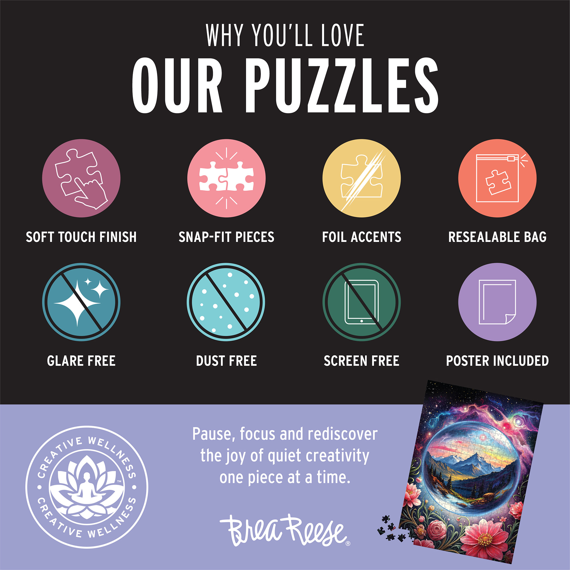 Brea Reese: 500 Piece Puzzle - Surreal Scene - Celestial Orb Framed Mountain Landscape, Adult Jigsaw, Metallic Foil, Snap-Fit, Image Reference Poster
