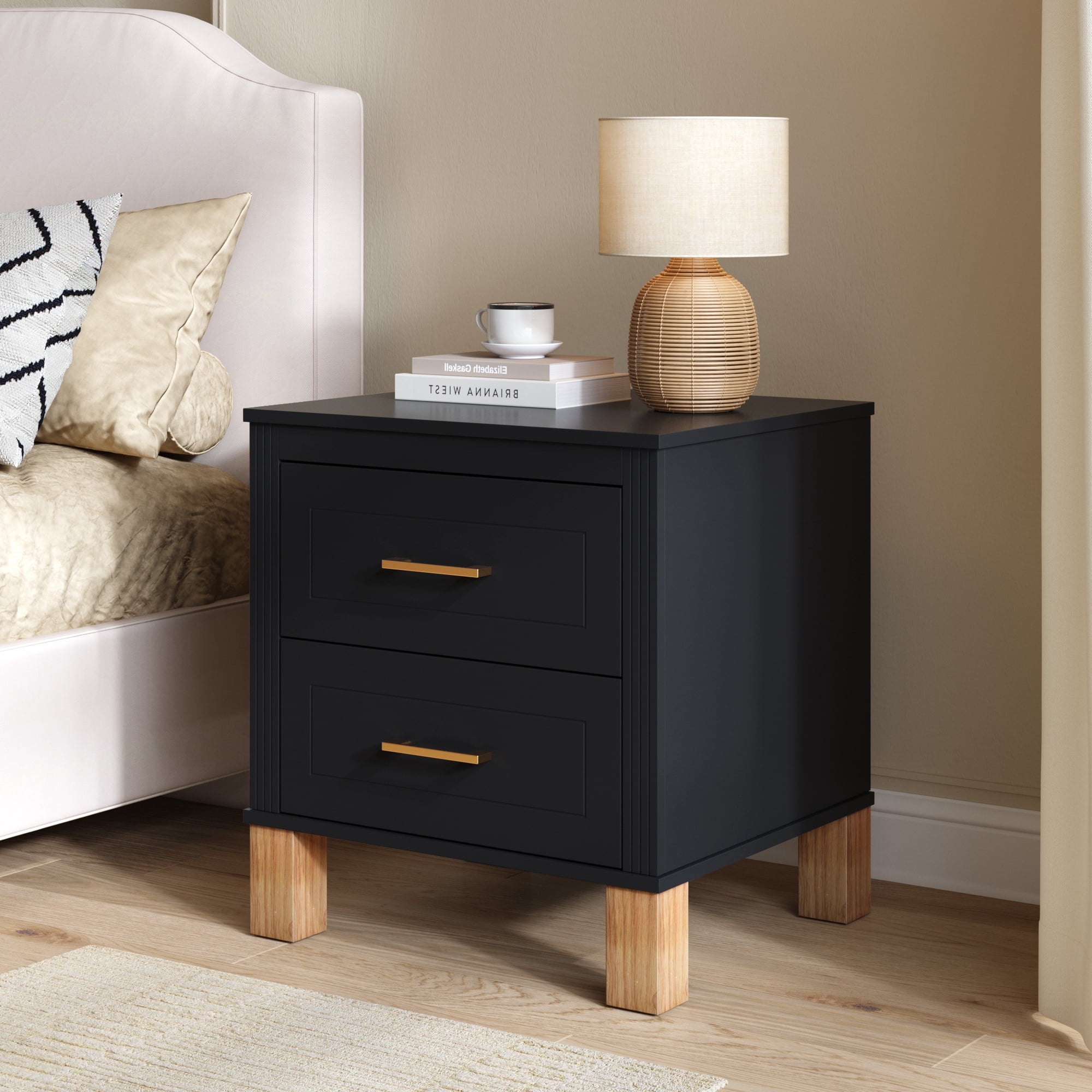 2 Drawer Nightstand, Fluted Design Bedside Table with Solid Wood Legs & Metal Handles, MDF Frame Storage Cabinet, Tall End Table for Bedroom Living Room