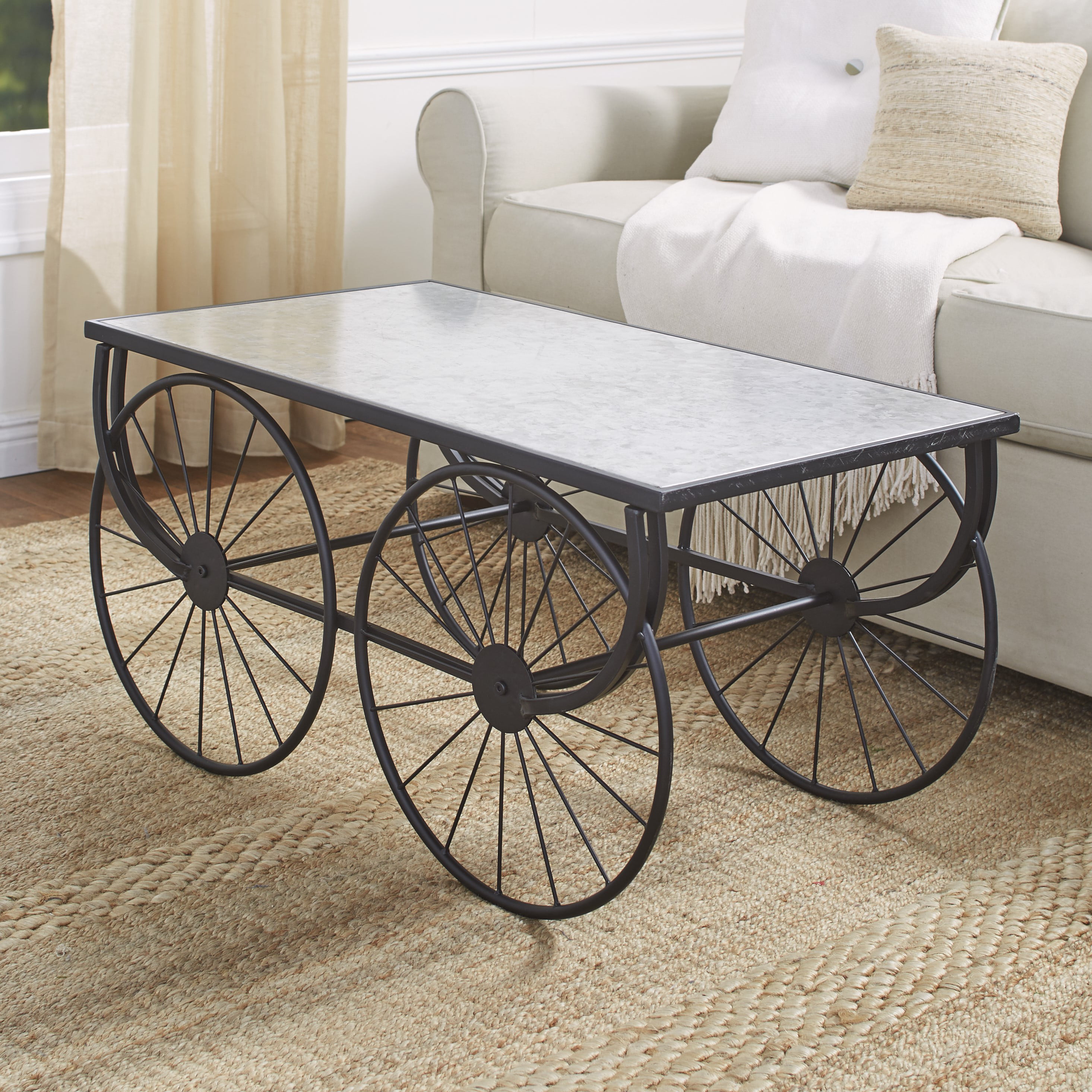 Wagon Wheel Coffee Table Galvanized Metal Farmhouse Rustic Furniture Home Decor 