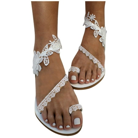 

Sandals For Women Summer Womens Ladies Casual Vintage White Ring Toe Floral Flat Sandals Beach Shoes Stylish Shoes