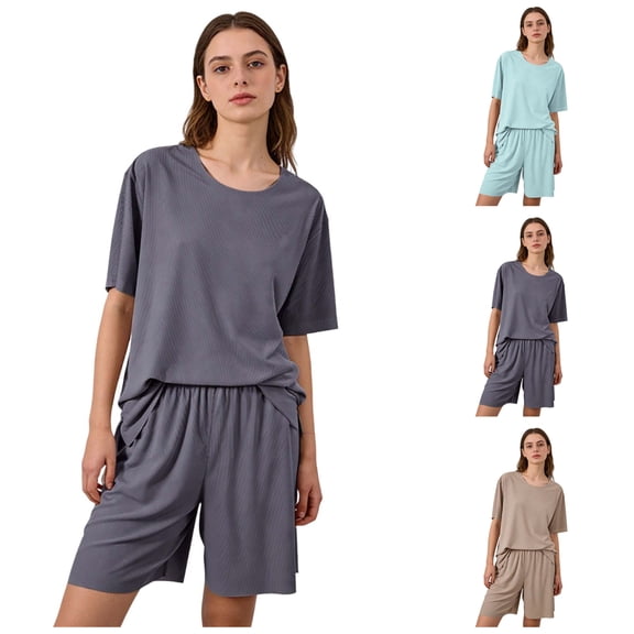 LIBRCLO Pajamas Sets for Women Crew Neck Short Sleeve Tops and Shorts Solid Color Breathable Summer Sleepwear Loungewear Set