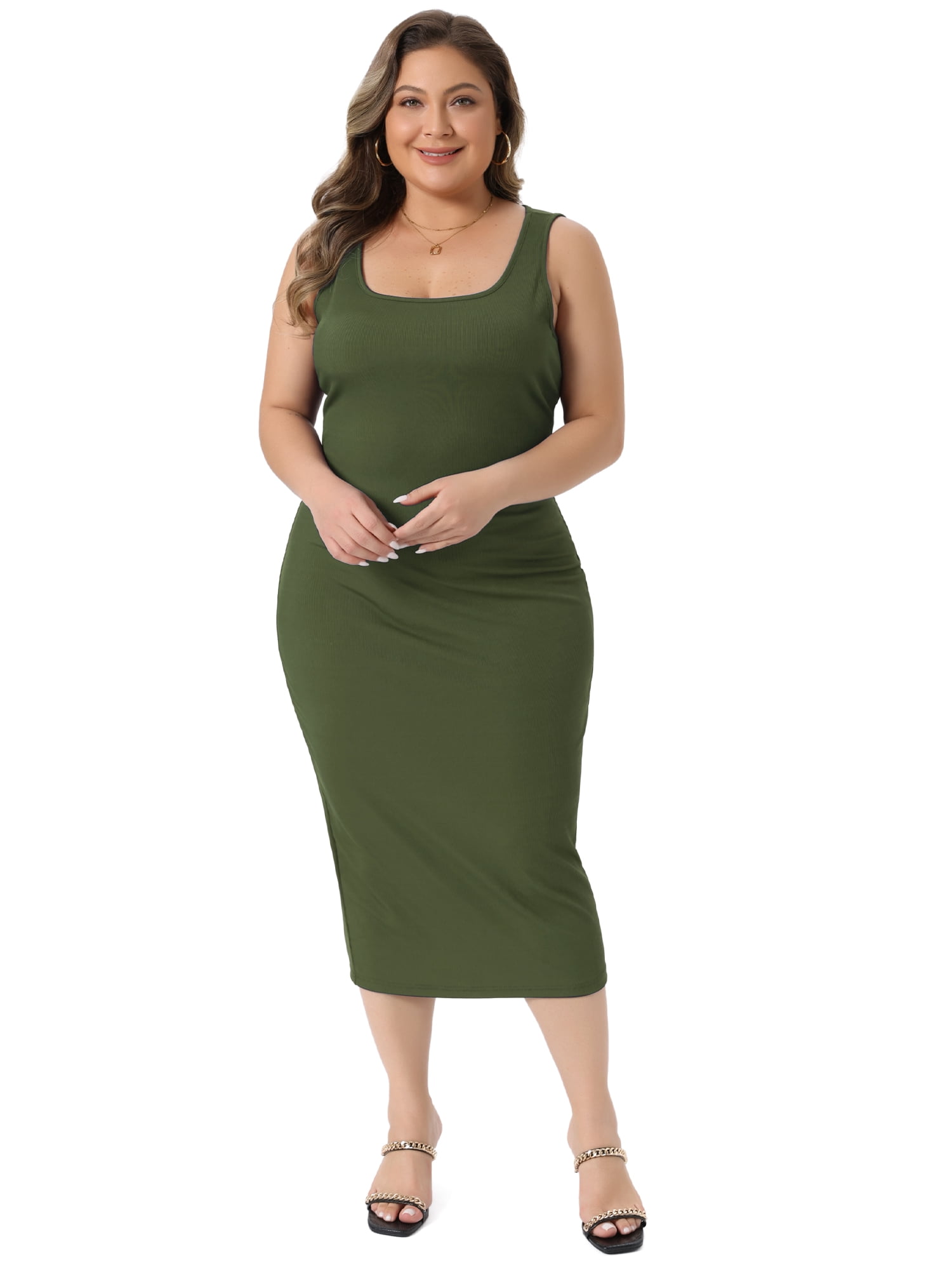 DARING DIVA Women's Plus Size Sleeveless Square Neck Bodycon Midi Tank Dress 1X Army Green