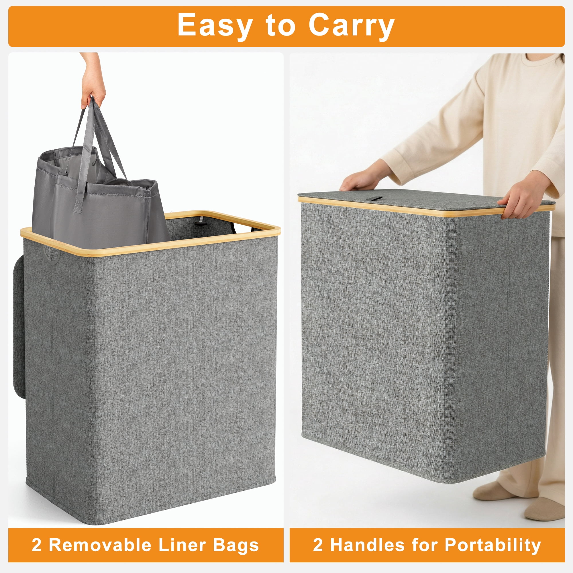 BGTREND 148L Double Laundry Basket with Lid, Clothes Hampers for Laundry with Bamboo Handles and Removable Liner Bags, Collapsible Laundry Sorter Dirty Clothes Hamper (Gray)
