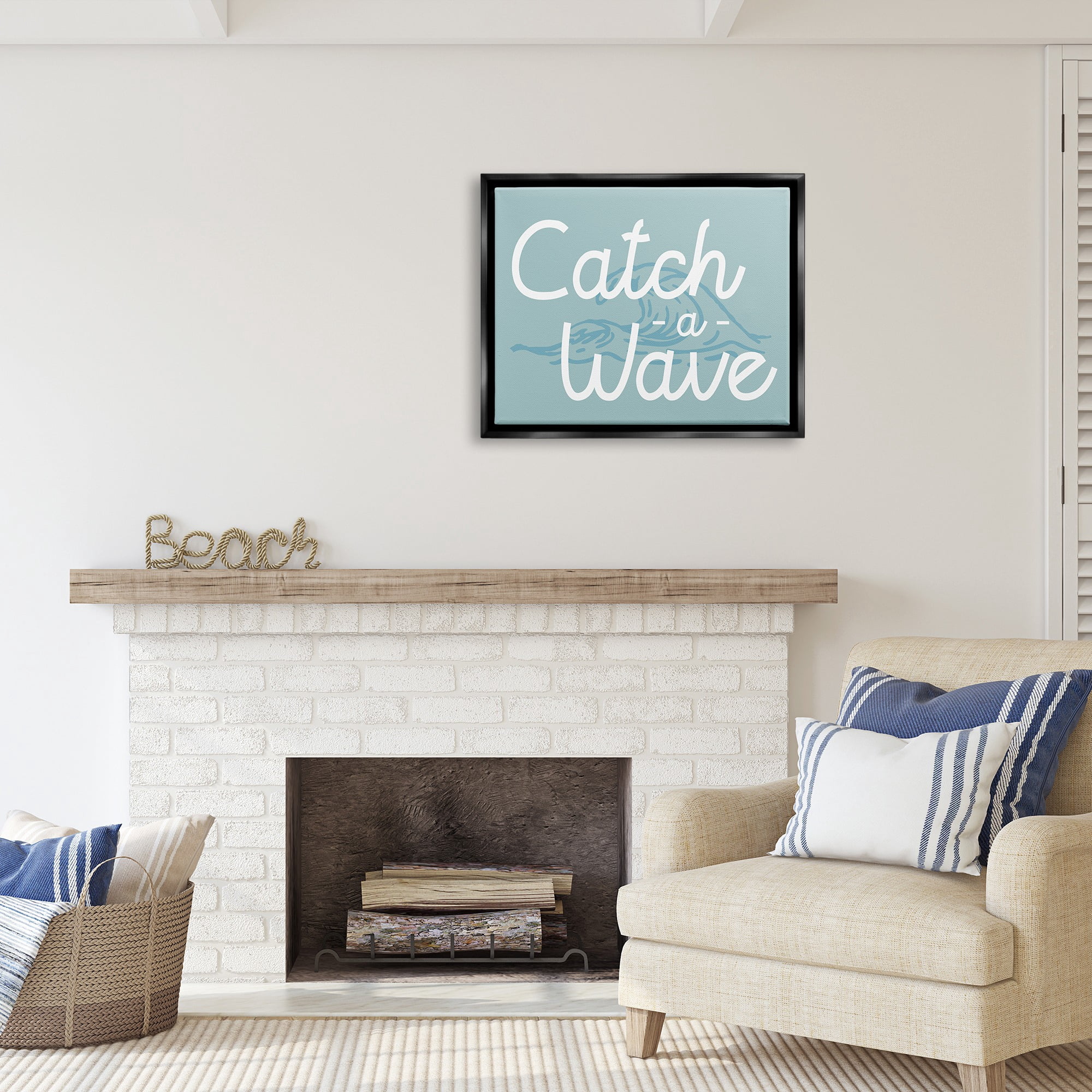 Stupell Industries Catch a Wave Phrase Landscape Painting Black Floater Framed Canvas Art Print Wall Art, 31 x 25