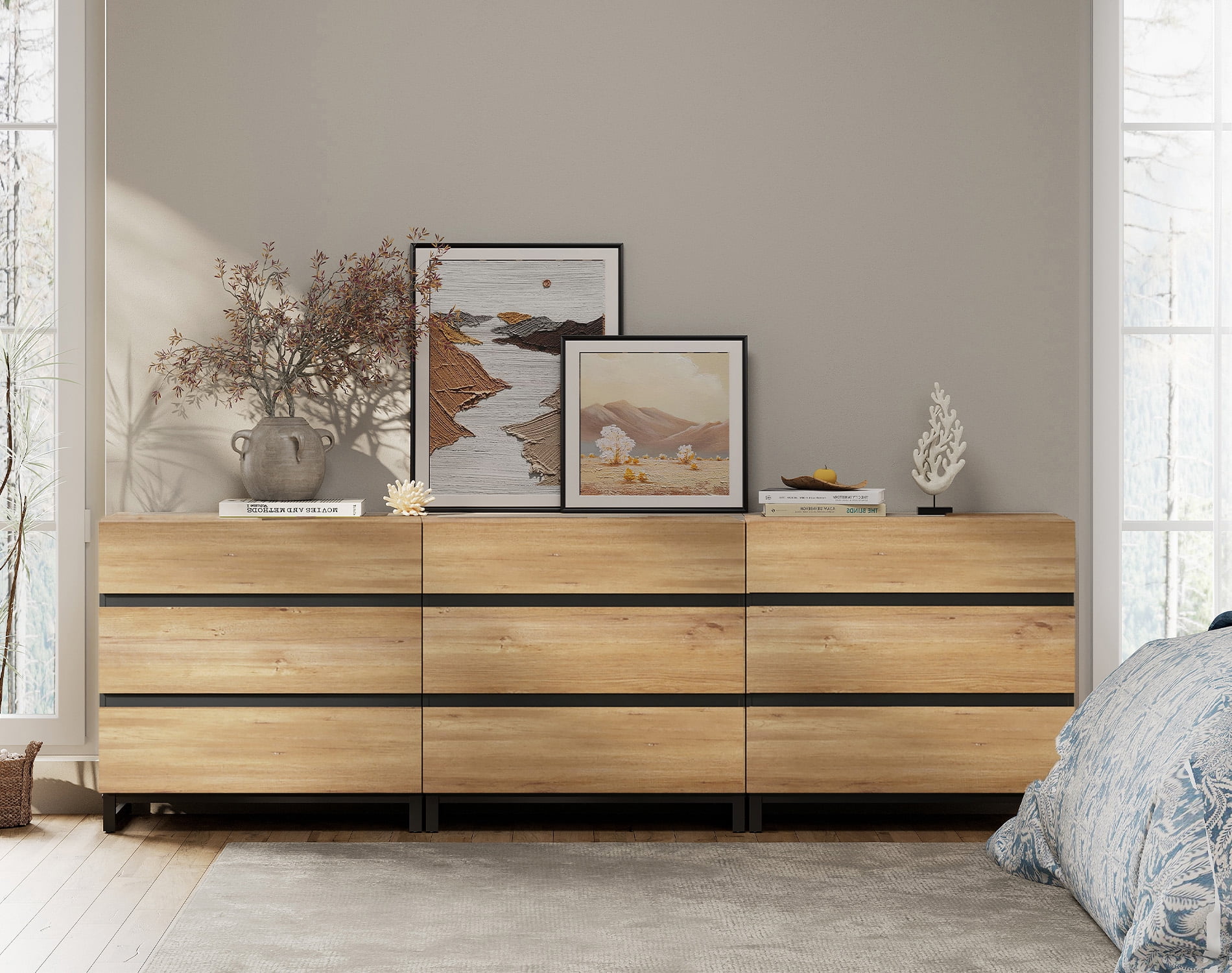 WAMPAT 3-Piece Bedroom Furniture Set, 94.5" Dresser & Chest with 6 Drawers, 2 Nightstands with 2 Drawers, Wooden Side Tables for Bedroom, Oak