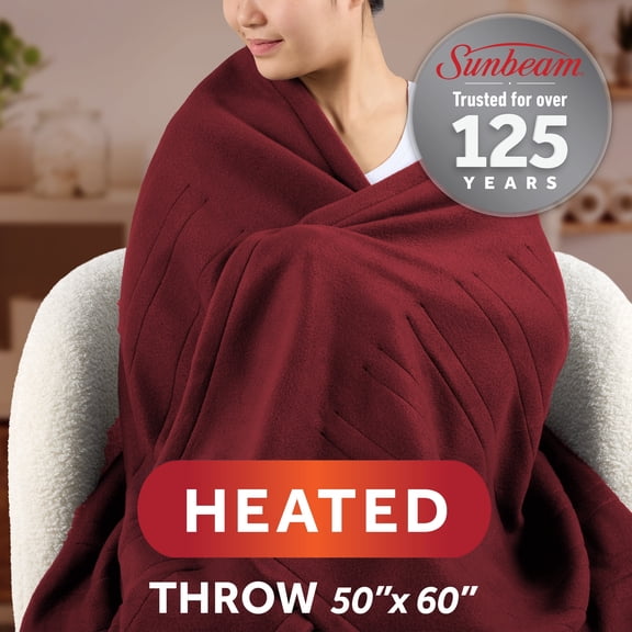 Sunbeam Garnet Fleece Electric Heated Throw, 50" x 60", 3 Heat Settings, Fast Heating, Warming Throws with Auto-Shut Off, Machine Washable