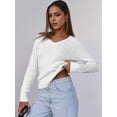 thumbnail image 3 of Women Long Sleeve Cable Knit Sweater Fall Fashion V Neck Fitted Pullover Business Casual Fall Outfits White M, 3 of 8