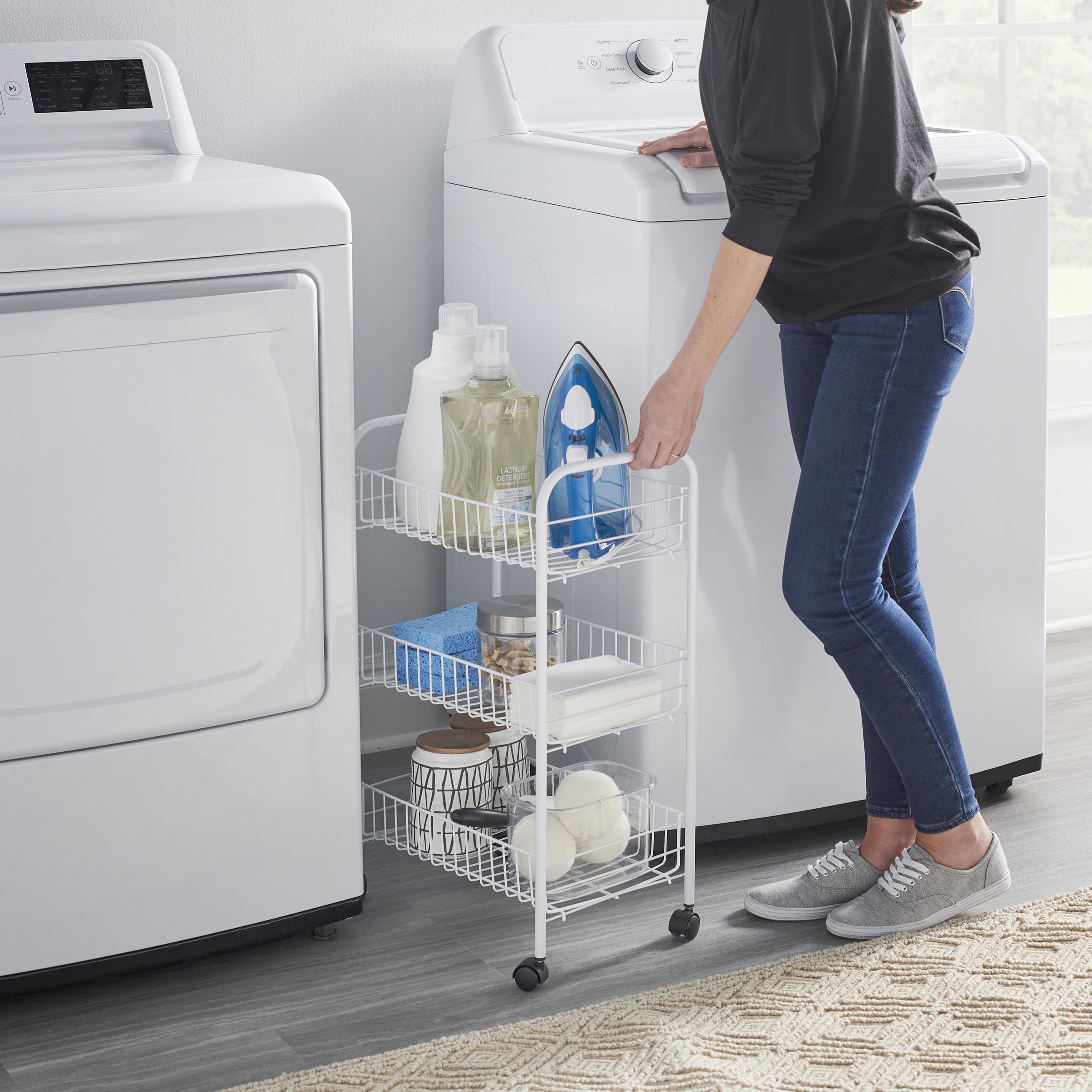 Rubbermaid Freestanding 3 Shelf Metal Wheeled Storage Cart White. For Laundry and Closet Organization. Great for tight spaces