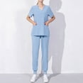 thumbnail image 3 of Scyoekwg Scrubs for Women Set Casual Loose Uniform Outfits Trendy Sweatsuits Sets Solid Color Short Sleeve Scrub V-Neck Scrub Tops Long Jogger Pants Outfits (Sky Blue,XXXXL), 3 of 3