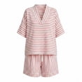 thumbnail image 6 of Cagogo Women Plus Size Striped 2 Piece Set V Neck Short Sleeve Blouse Shorts Casual Loose Boho Vacation Outfits Summer Cruise Travel Matching Lounge Clothes, Pink S, 6 of 6