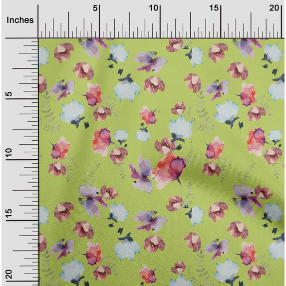 oneOone Cotton Cambric Lime Fabric Flower & Leaves Watercolor Diy Clothing Quilting Fabric Print Fabric By Yard 56 Inche Wide