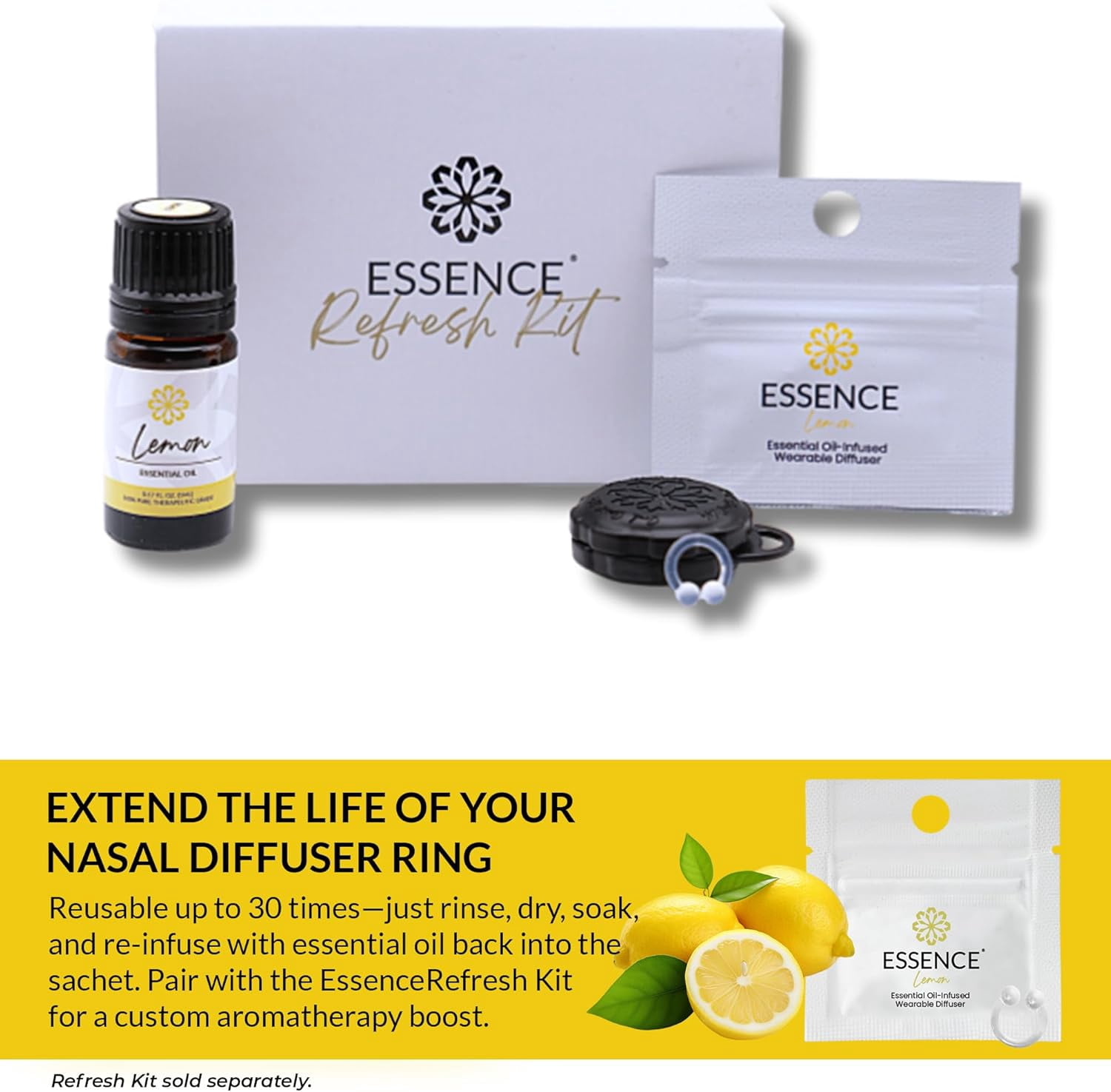 Essence Aromatherapy Nasal Diffuser Ring – Lemon – 3pk – Personal Wearable Essential Oil Inhaler