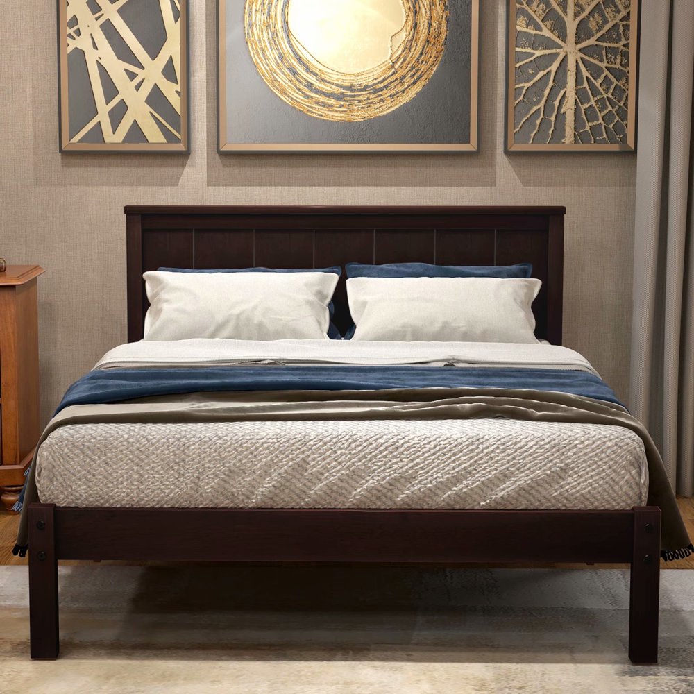 Twin-Size Platform Bed, White Wood Bed Frame with Headboard, Mattress