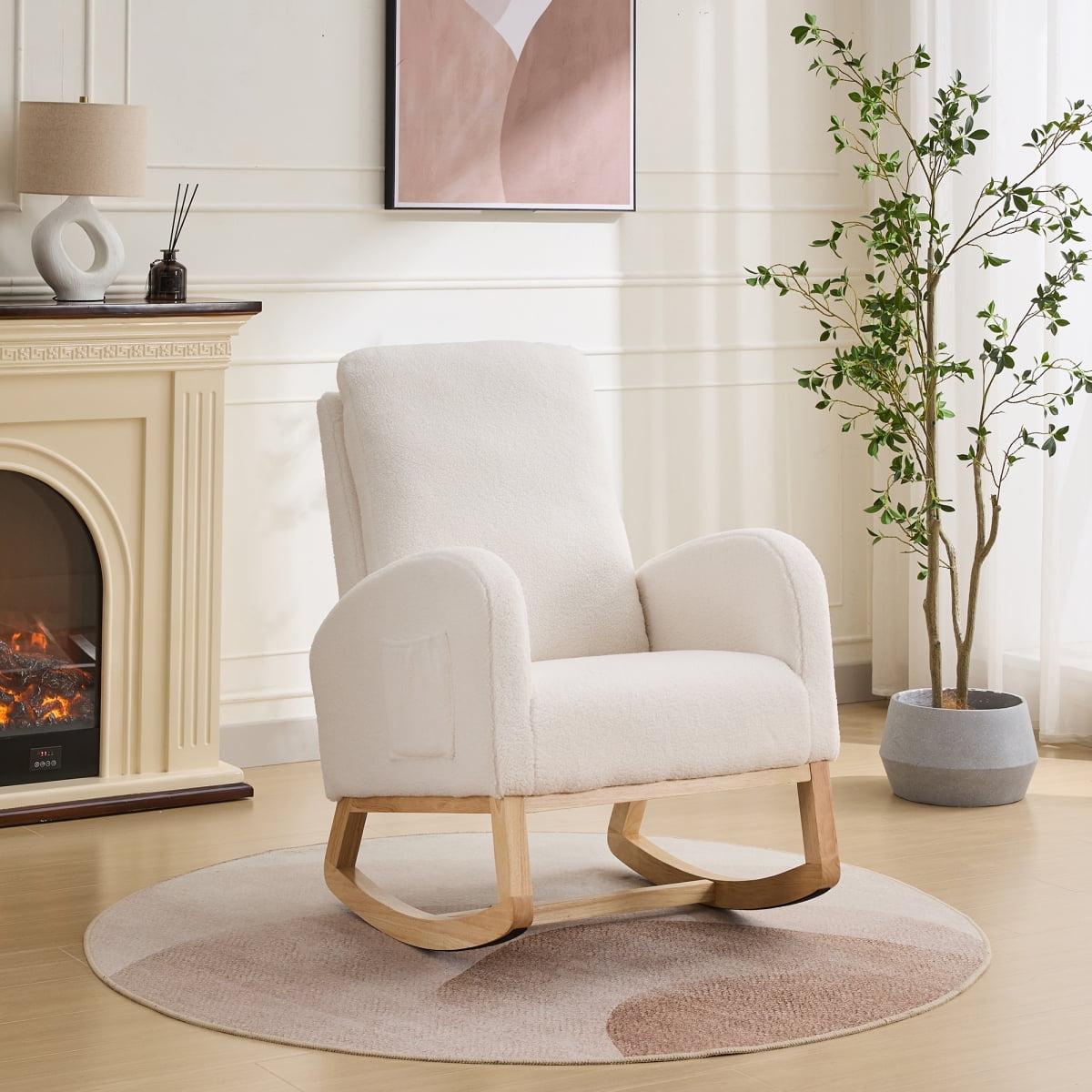 Miekor Furniture 27.2"W Rocking Chair for Nursery, Sherpa Glider Chair with High Back and Side Pocket, Rocking Accent Armchair with Rubber Wood Legs for Living Room/Bedroom.Ivory B5A9224