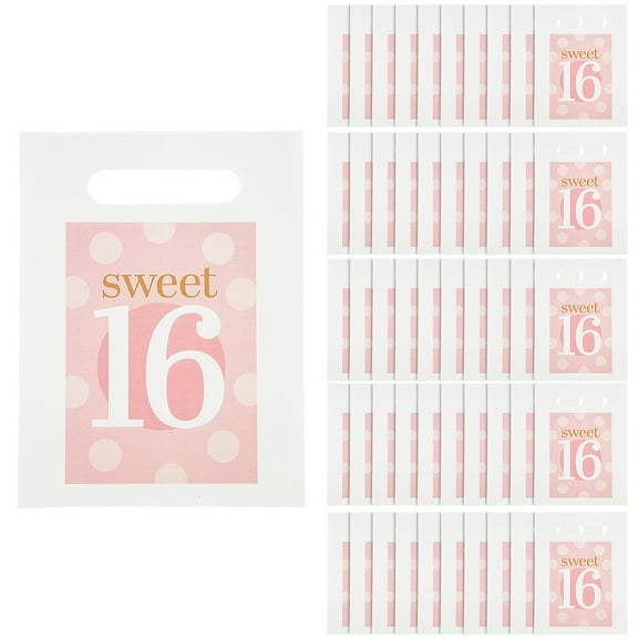 Fun Express 7 1/2" x 10" Bulk 50 Pc. Sweet 16 Birthday Party Favor Bags with Cutout Handles