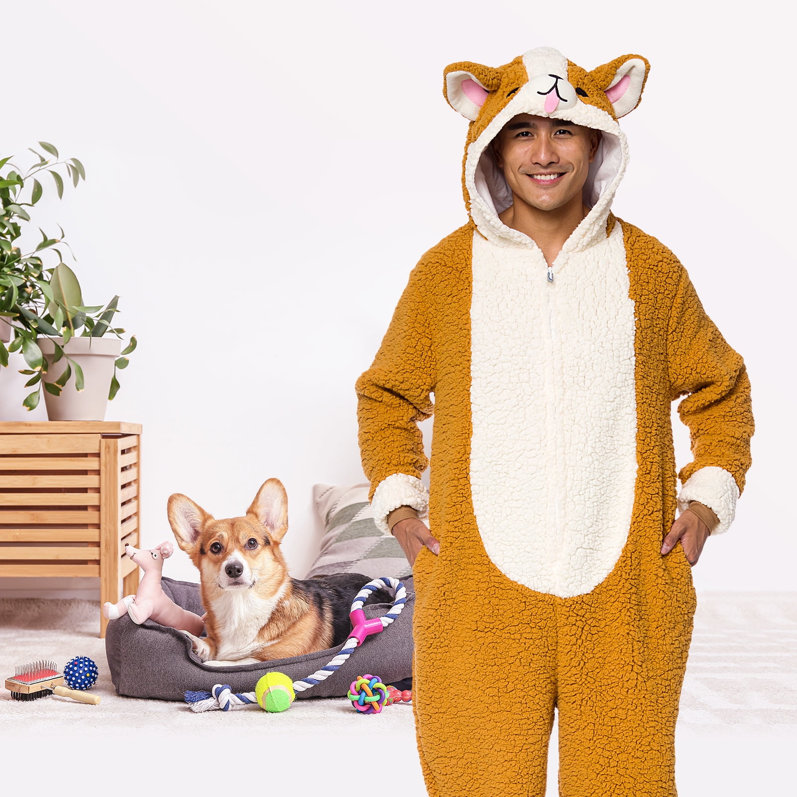 Sherpa Corgi Dog One Piece Plush Adult Animal Costume Jumpsuit by FUNZIEZ Beige Small