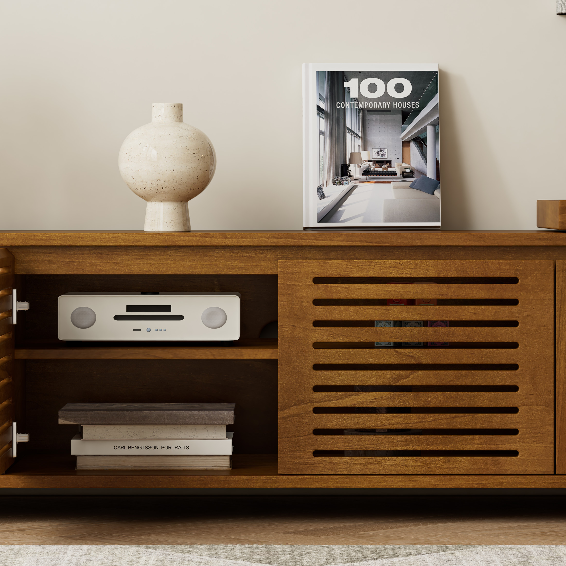 GDF Studio 62.6" Extendable TV Stand for TVs up to 75", Media Console with Storage, Brown Ebony