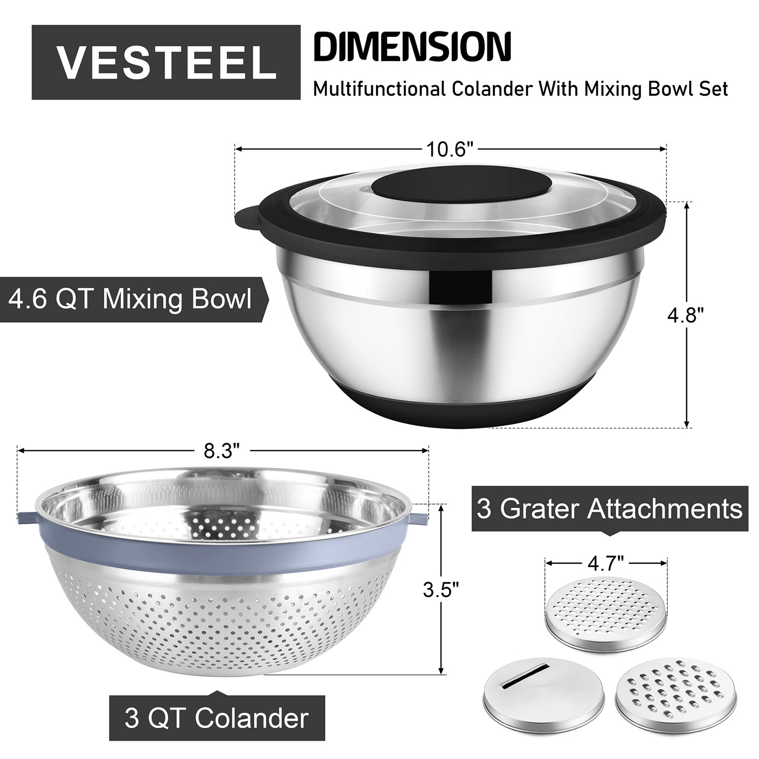 Vesteel 4-in-1 Colander and Mixing Bowl Set, Black photo 7