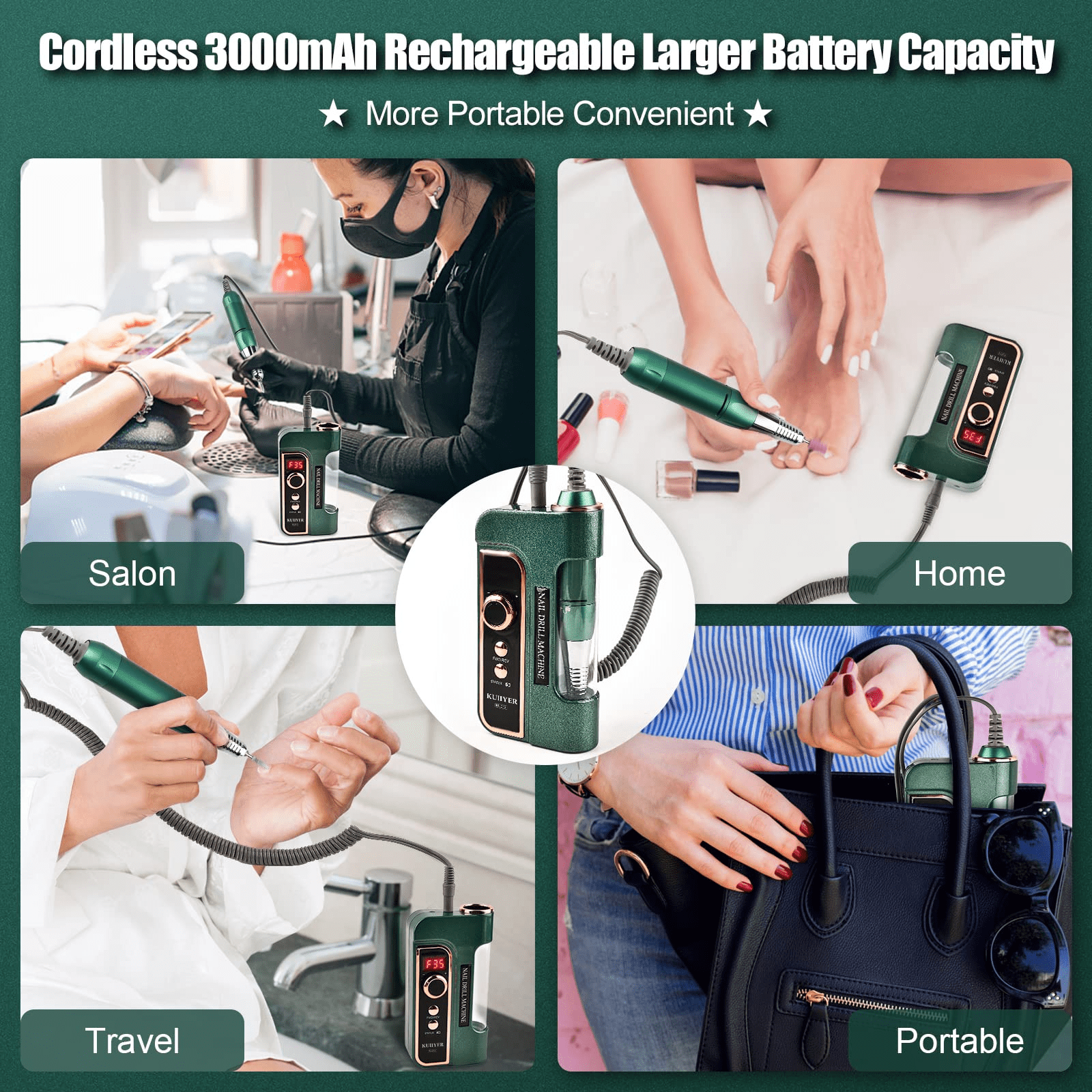 Professional Nail Drill , KUIIYER 35000RPM Electric Nail Drill Kit (66Pcs Portable 3000mAh Cordless Rechargeable Variable Speed All-Metal Nail File Set) for Acrylic Nails DIY Manicure Pedicure