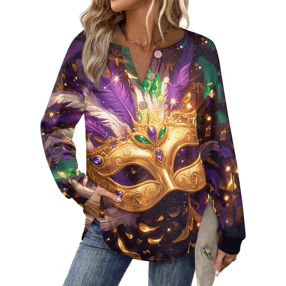 Mardi Gras Shirts for Women Carnival Sparkly Long Sleeve Blouse Glitter V Neck Novelty Graphic Tee Gold XL