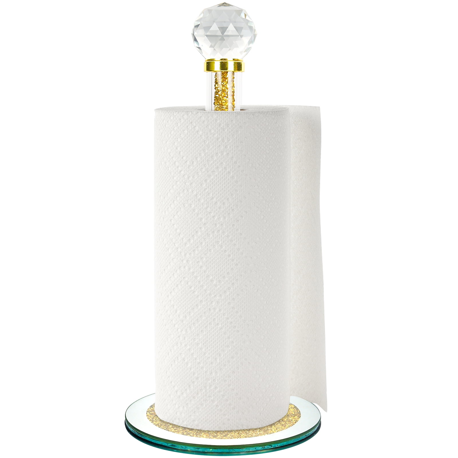 FOUNDLDF Round Base Vertical Paper Towel Holder with Sparkling Crystal Crushed Diamond Accents for Kitchen, Dining Table and Bathroom, Gold