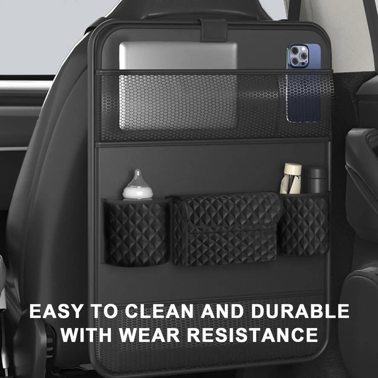 Universal Car Backseat Organizer with Tablet Holder & Foldable Tray - Heavy-Duty Kick Mats Seat Protector for Kids, Waterproof Multi-Pocket Storage for Road Trips, Cars, SUVs