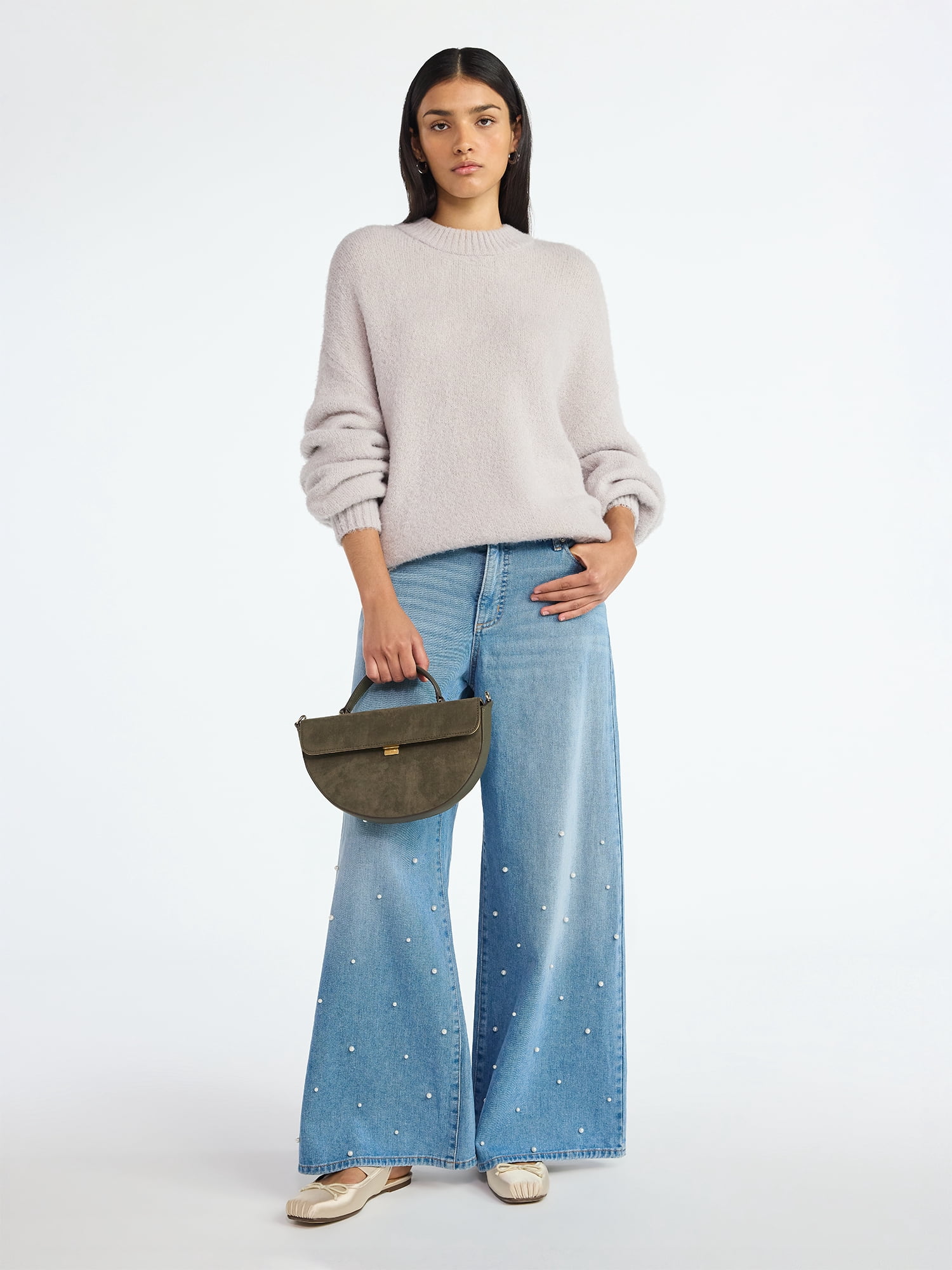 Scoop Women's and Women’s Plus Wide Leg Jeans with Faux Pearl Accents, Sizes 0-26W
