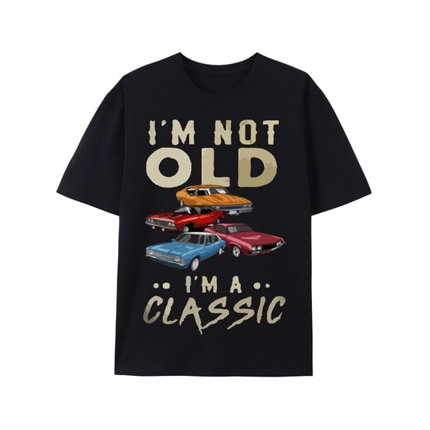 Men's Classic Car Pattern And "I'M NOT OLD I'M A CLASSIC" Print T-shirt, Crew Neck And Short Sleeve Tee, Summer Fashion Tops For Casual And Street Wear, Casual Sporty Tee, Summer Gifts