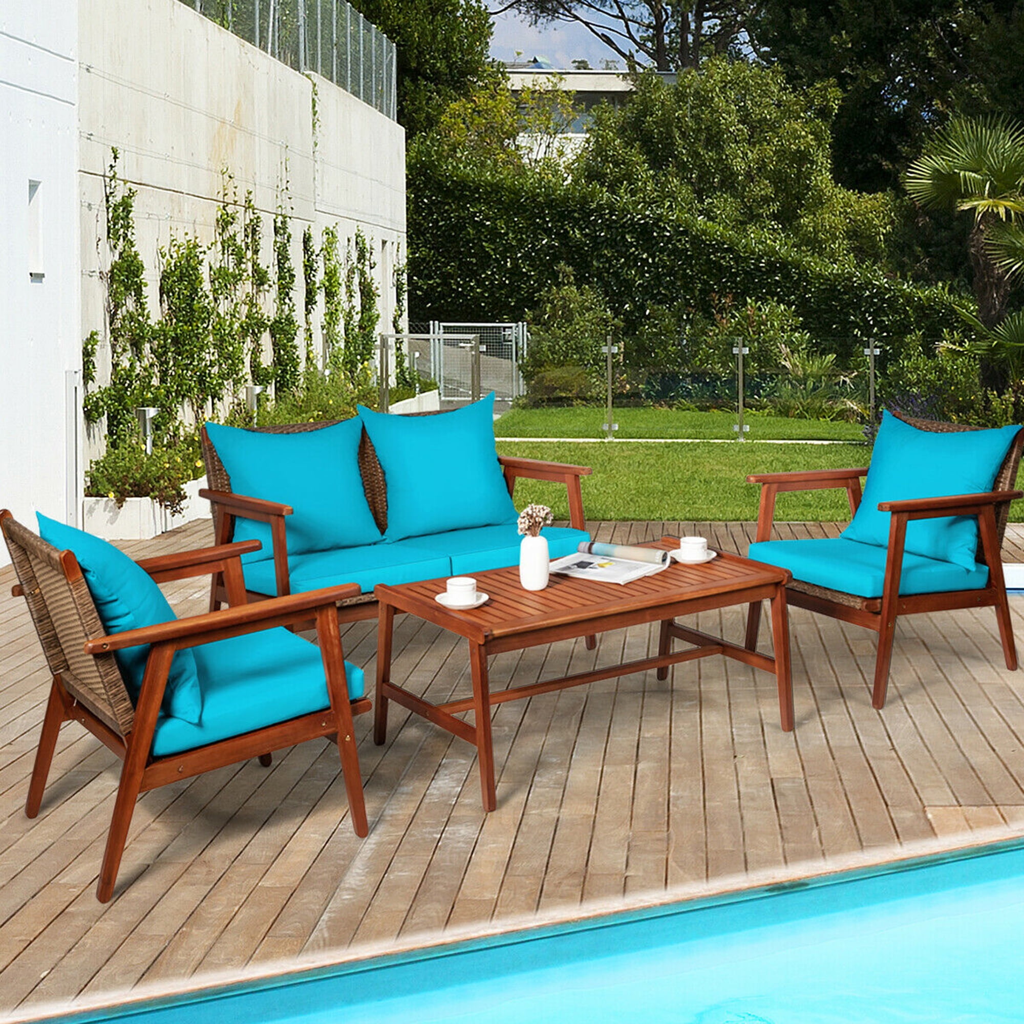 Gymax Fashion 4PCS Patio Conversation Set Wood Frame Furniture Set w/ Turquoise Cushions