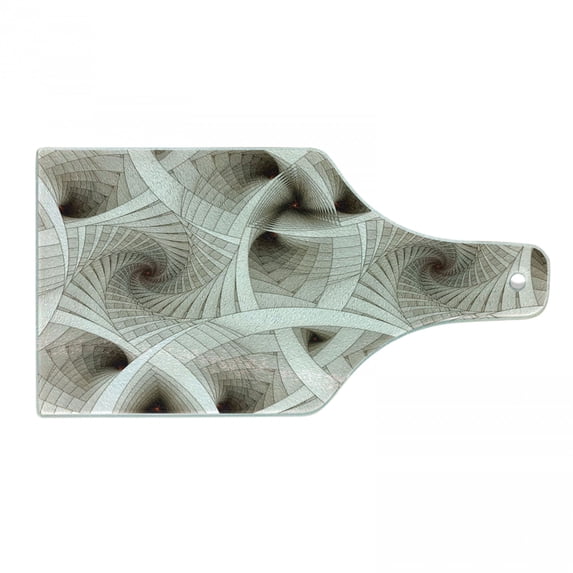 Fractal Cutting Board, Abstract Digital Futuristic Curved Spirals Sci Fi Motion Illustration, Decorative Tempered Glass Cutting and Serving Board, Wine Bottle Shape, Beige, by Ambesonne